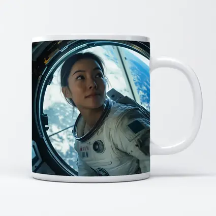 Female Astronaut Looking Through Space Station Window