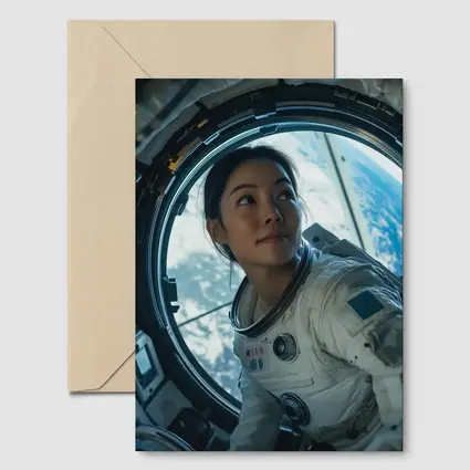 Female Astronaut Looking Through Space Station Window