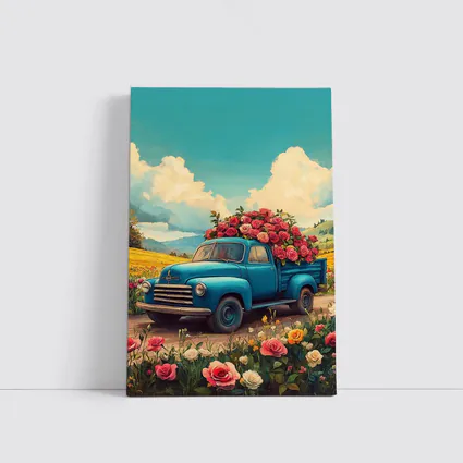 Blue Vintage Truck Roses Floral Field