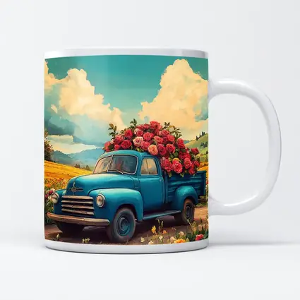 Blue Vintage Truck Roses Floral Field