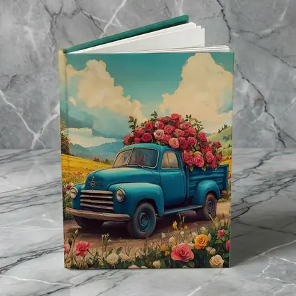 Blue Vintage Truck Roses Floral Field