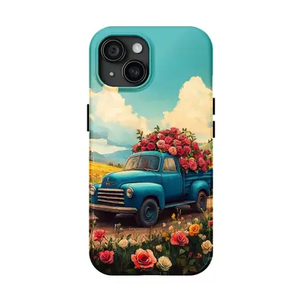 Blue Vintage Truck Roses Floral Field