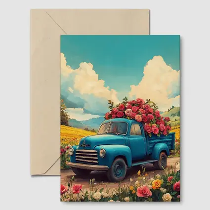 Blue Vintage Truck Roses Floral Field
