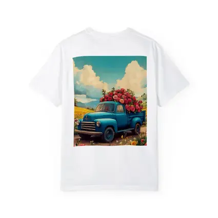 Blue Vintage Truck Roses Floral Field