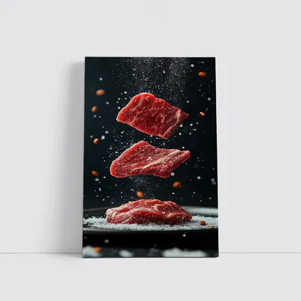 Raw Beef Slices Falling Dark Background