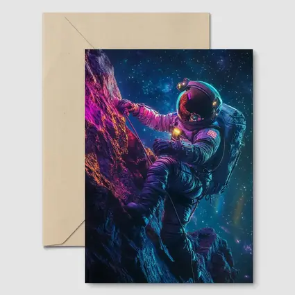 Astronaut Climbing Rocky Cliff Starry Space