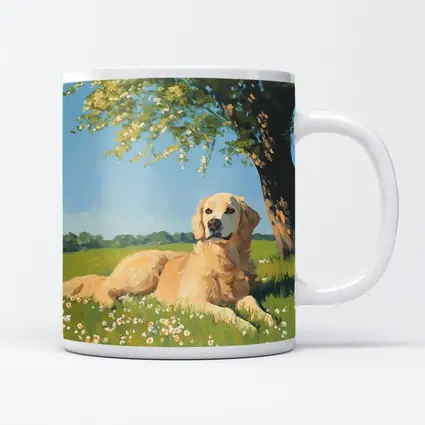 Golden Retriever Resting In Sunny Meadow