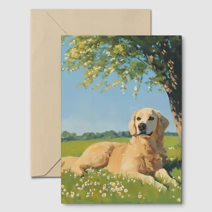 Golden Retriever Resting In Sunny Meadow