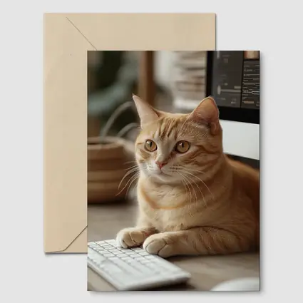 Orange Tabby Cat Sitting At Desk