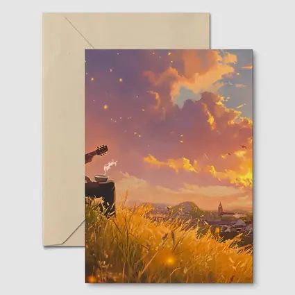 Anime Boy Playing Guitar at Sunset