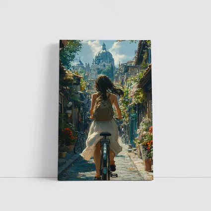 Girl Cycling Through Flower Lined European Street