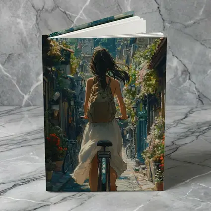 Girl Cycling Through Flower Lined European Street