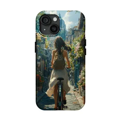 Girl Cycling Through Flower Lined European Street