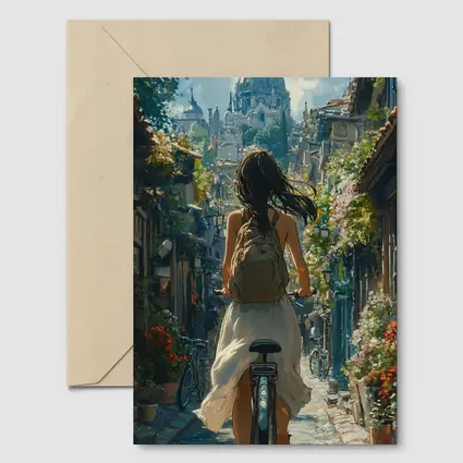Girl Cycling Through Flower Lined European Street