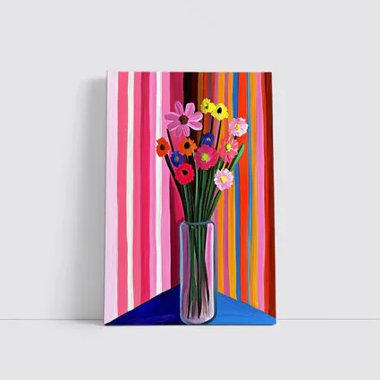 Colorful Flowers Vase Bold Striped Background