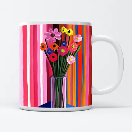 Colorful Flowers Vase Bold Striped Background