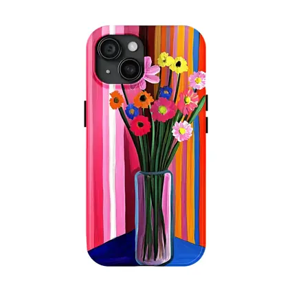 Colorful Flowers Vase Bold Striped Background
