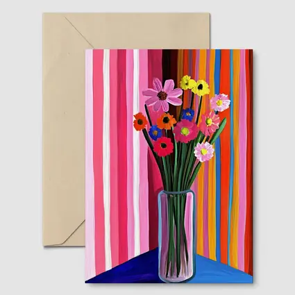 Colorful Flowers Vase Bold Striped Background