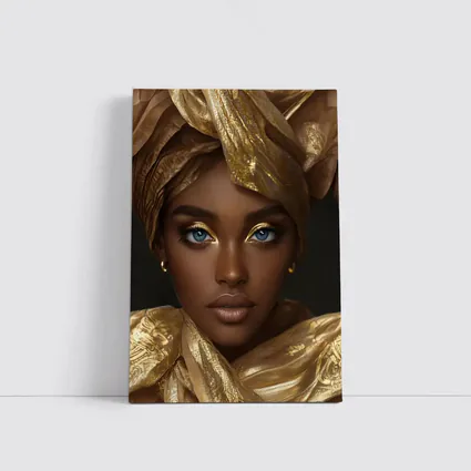 African Woman Golden Headwrap Blue Eyes Portrait