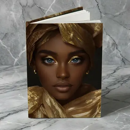 African Woman Golden Headwrap Blue Eyes Portrait