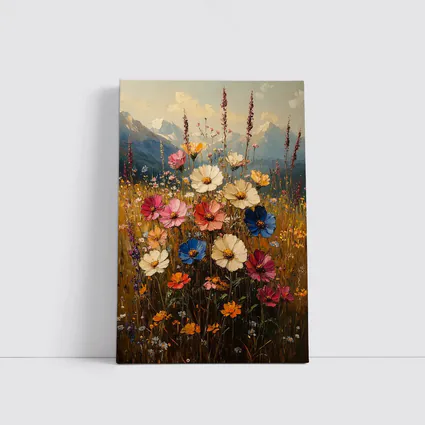 Colorful Wildflowers Field Mountain Landscape Painting