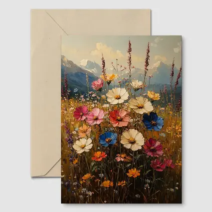 Colorful Wildflowers Field Mountain Landscape Painting