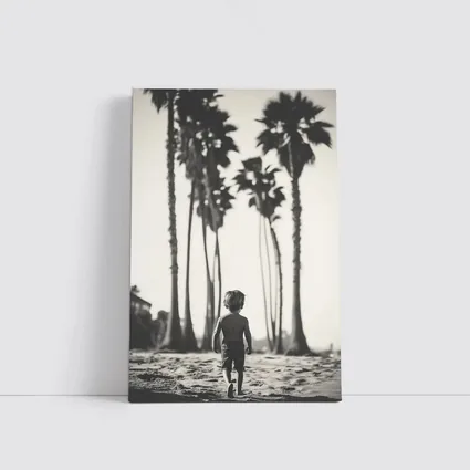 Boy Walking on Beach Among Palm Trees