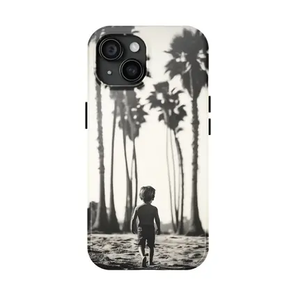Boy Walking on Beach Among Palm Trees