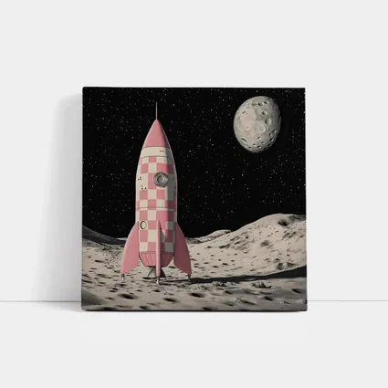 Pink Checkered Rocket Ship On Moon