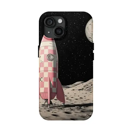 Pink Checkered Rocket Ship On Moon