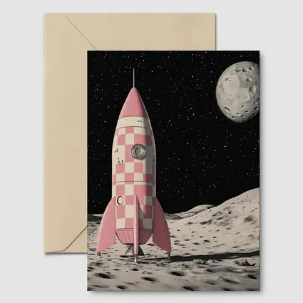 Pink Checkered Rocket Ship On Moon
