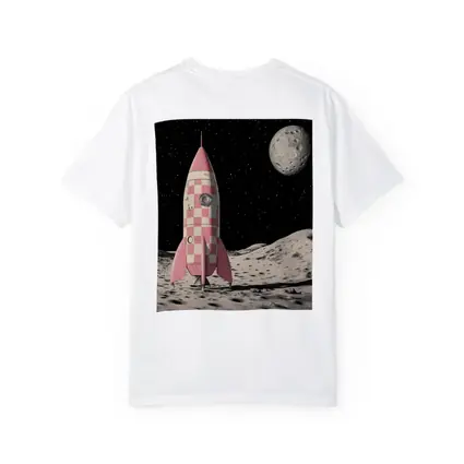 Pink Checkered Rocket Ship On Moon
