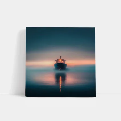 Cargo Ship Sailing Misty Ocean at Sunset