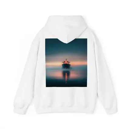 Cargo Ship Sailing Misty Ocean at Sunset