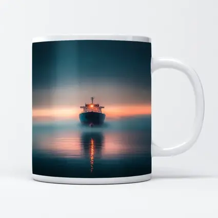 Cargo Ship Sailing Misty Ocean at Sunset