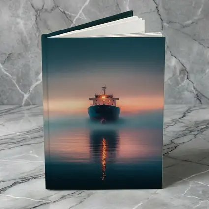 Cargo Ship Sailing Misty Ocean at Sunset