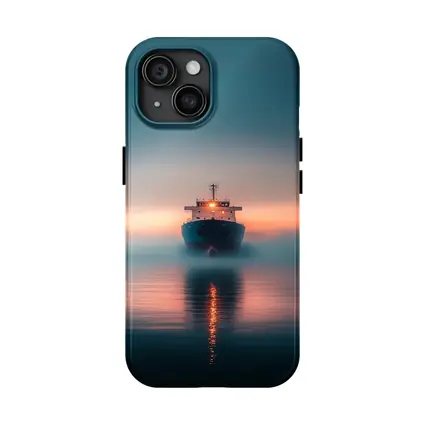 Cargo Ship Sailing Misty Ocean at Sunset