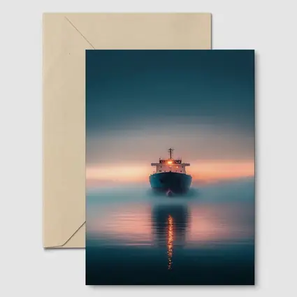 Cargo Ship Sailing Misty Ocean at Sunset