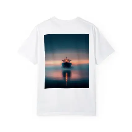 Cargo Ship Sailing Misty Ocean at Sunset