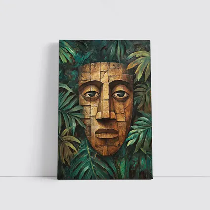 Ancient Stone Mask Jungle Tropical Leaves Painting