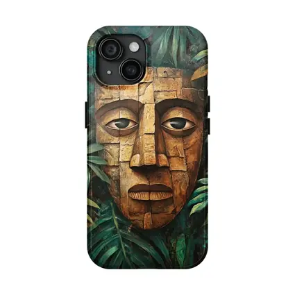 Ancient Stone Mask Jungle Tropical Leaves Painting