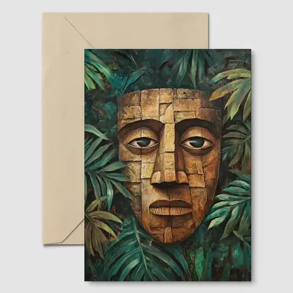 Ancient Stone Mask Jungle Tropical Leaves Painting