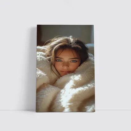 Young Woman Wrapped In Cozy White Blanket