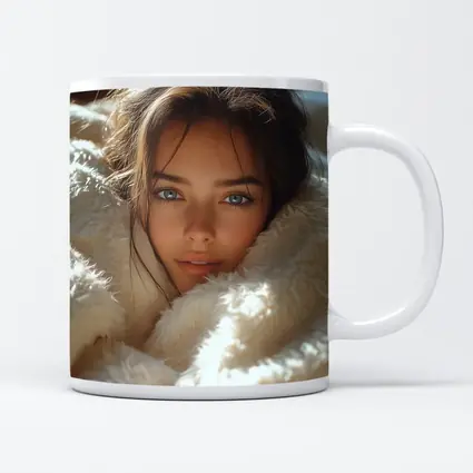 Young Woman Wrapped In Cozy White Blanket