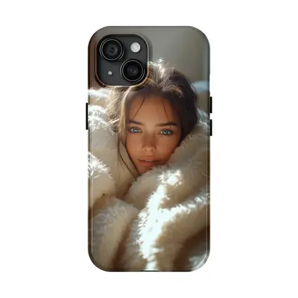 Young Woman Wrapped In Cozy White Blanket