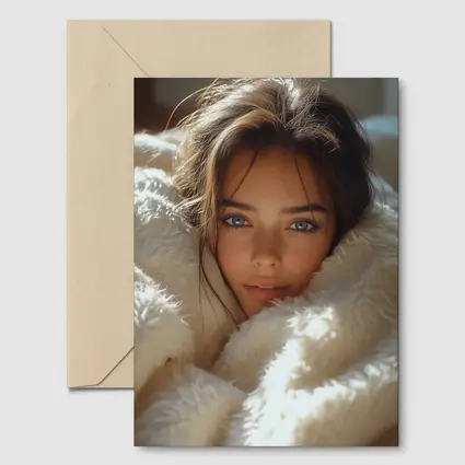 Young Woman Wrapped In Cozy White Blanket