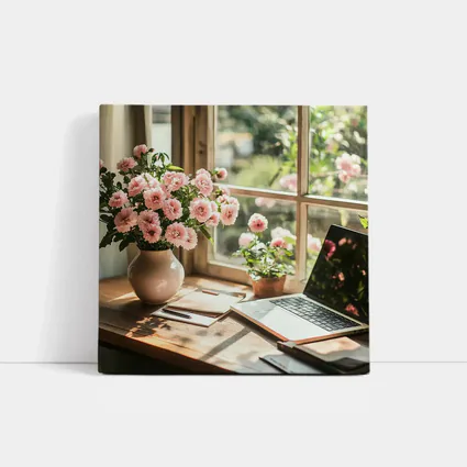 Pink Flowers Desk Window Cozy Home Office