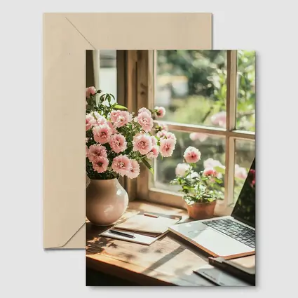 Pink Flowers Desk Window Cozy Home Office