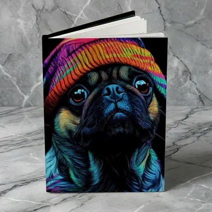 Colorful Pug Dog Wearing Rainbow Beanie Hat