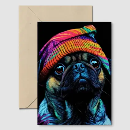 Colorful Pug Dog Wearing Rainbow Beanie Hat